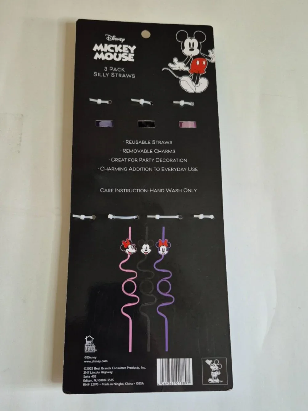Disney Mickey Mouse 3 Pack Silly Reusable Straws Removable Charms 3+, NEW